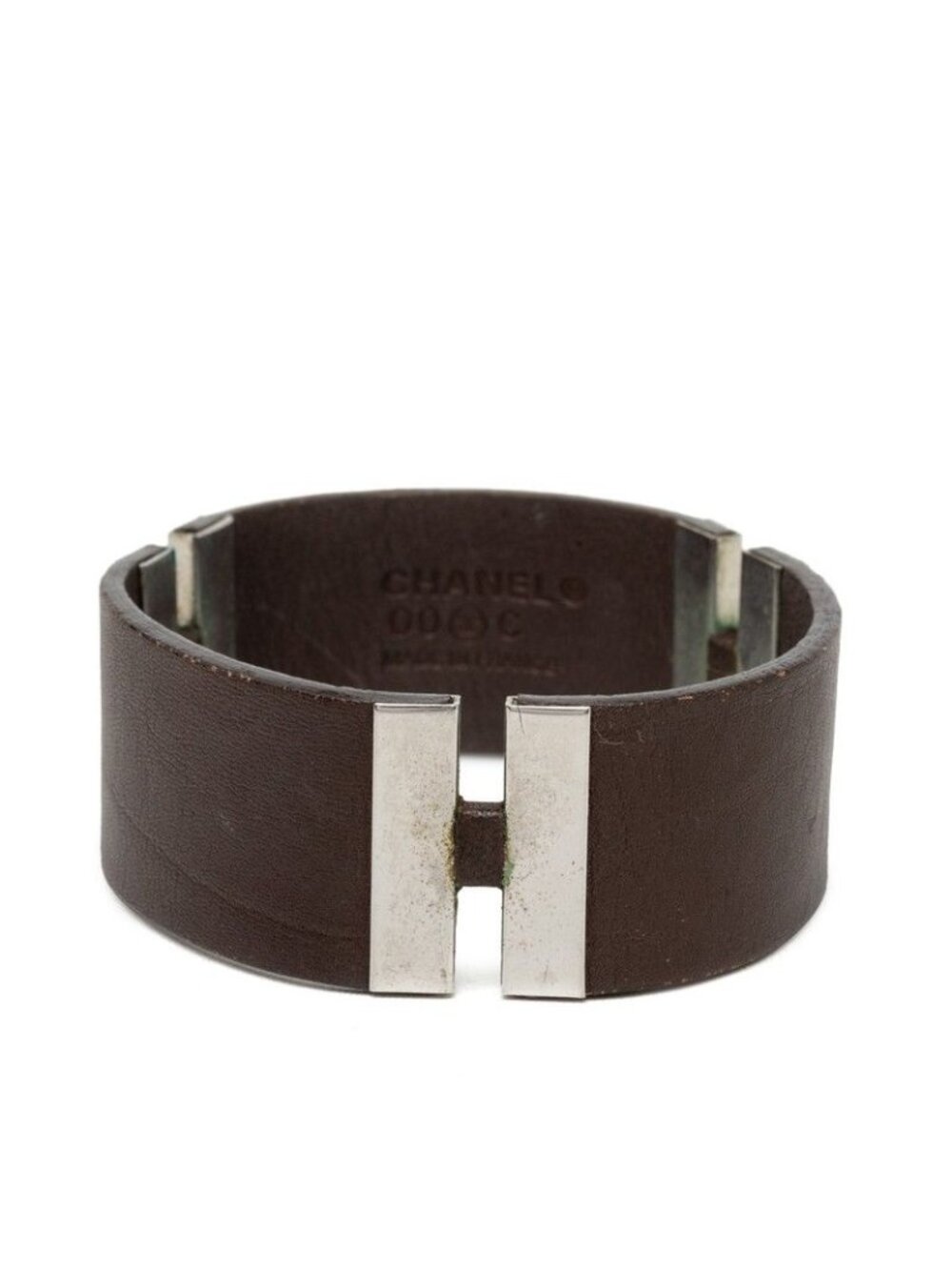Chanel Logo Bracelet 00c Brown Silver Leather Metal